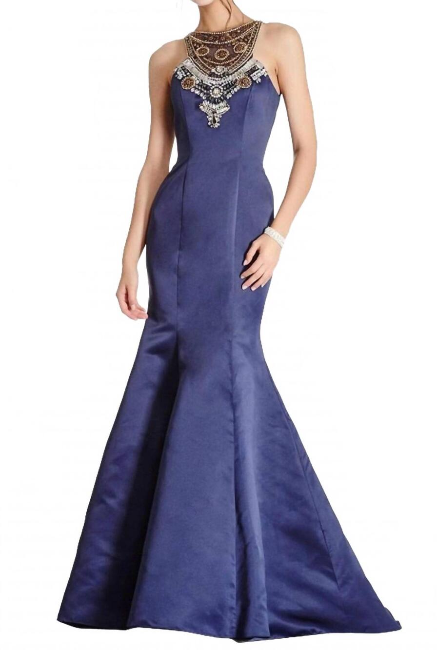 NEW ASPEED DESIGN embellished sleeveless evening gown in navy